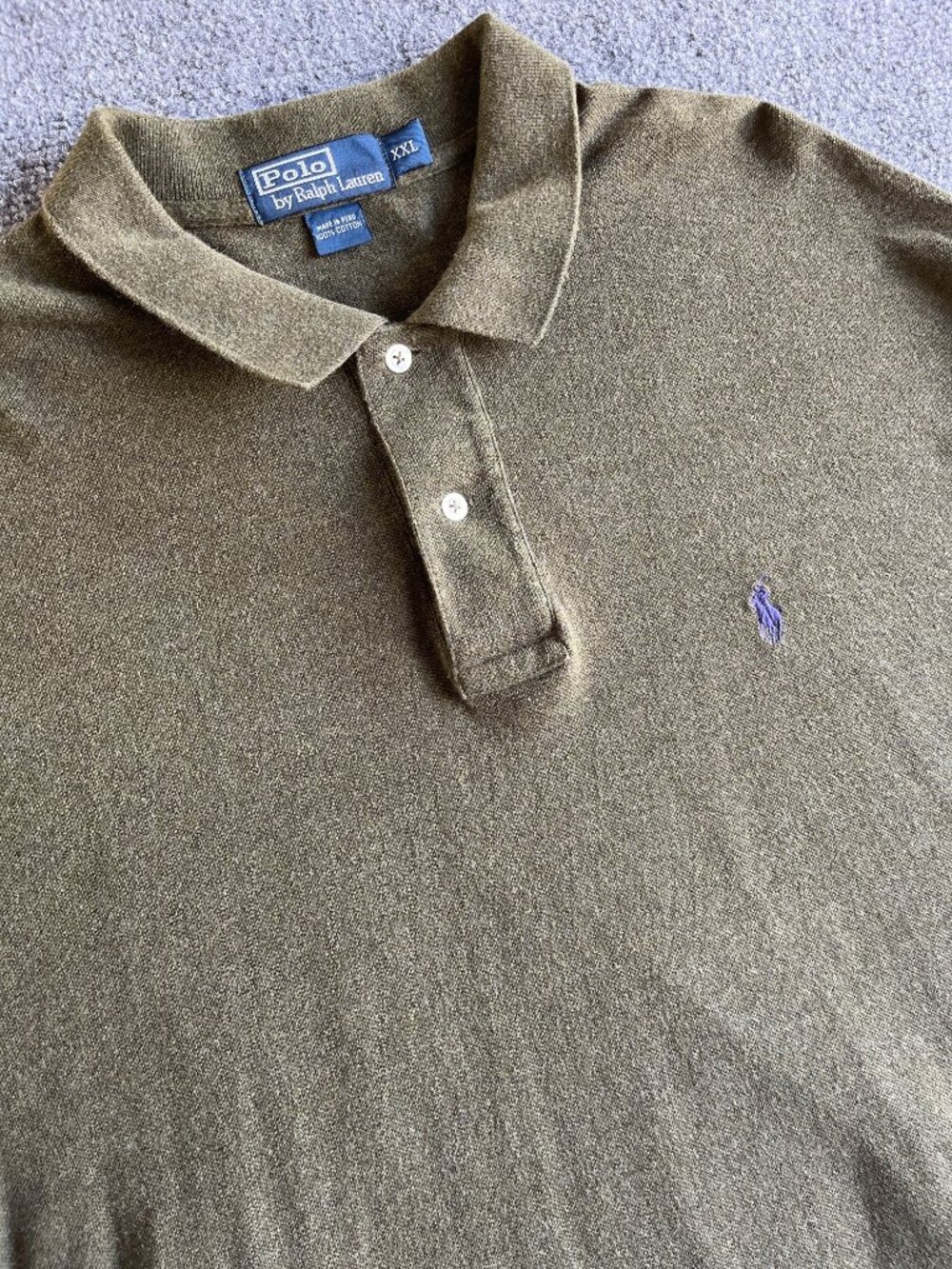 Mens Polo Ralph Lauren XXL Vintage Olive Green Long Sleeve Cotton Polo Shirt